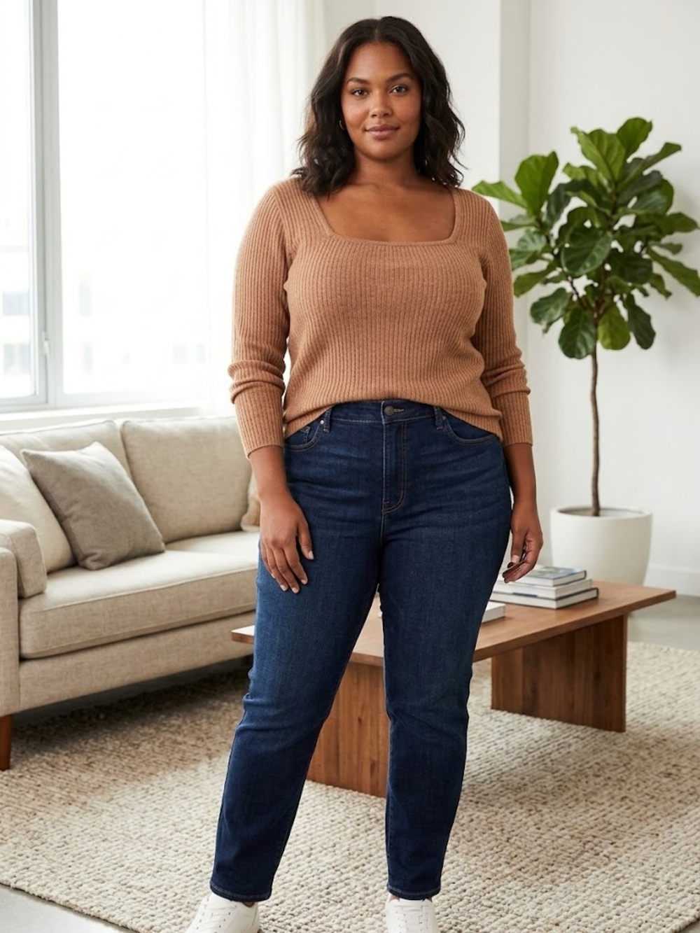 Old Navy Women’s Camel Square-Neck Ribbed Sweater Top